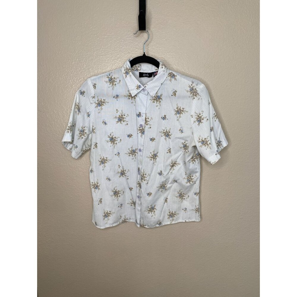 Vintage‎ Tapestry Womens Blue Floral Button-Up Shirt Small Cotton Short Sleeve